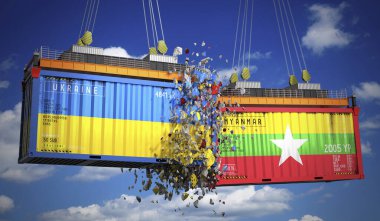 Ukrayna ve Myanmar bayraklı kargo konteynerleri - 3 boyutlu illüstrasyon