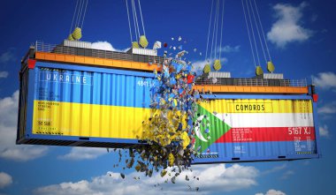 Ukrayna ve Komoros bayraklı kargo konteynerleri - 3 boyutlu illüstrasyon