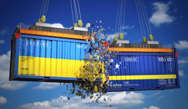 Ukrayna ve Curacao bayraklı kargo konteynerleri - 3 boyutlu illüstrasyon