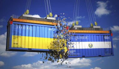Ukrayna ve El Salvador bayraklı kargo konteynerleri - 3 boyutlu illüstrasyon