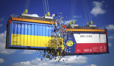 Ukrayna ve Wake Adası bayraklı kargo konteynerleri - 3 boyutlu illüstrasyon