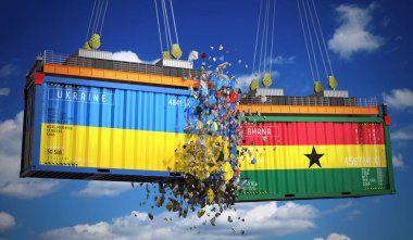 Ukrayna ve Gana bayraklı kargo konteynerleri - 3 boyutlu illüstrasyon