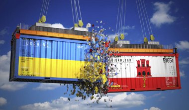 Ukrayna ve Giblartar bayraklı kargo konteynerleri - 3 boyutlu illüstrasyon