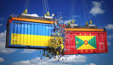Ukrayna ve Grenada bayraklı kargo konteynerleri - 3 boyutlu illüstrasyon