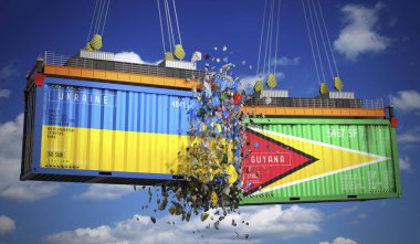 Ukrayna ve Guyana bayraklı kargo konteynerleri - 3 boyutlu illüstrasyon