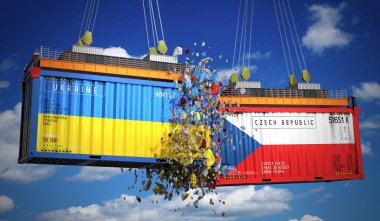 Ukrayna ve Çek Cumhuriyeti bayraklı kargo konteynerleri - 3 boyutlu illüstrasyon
