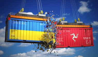 Ukrayna ve Man Adası bayraklı kargo konteynerleri - 3 boyutlu illüstrasyon