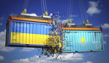 Ukrayna ve Kazakistan bayraklı kargo konteynerleri - 3 boyutlu illüstrasyon