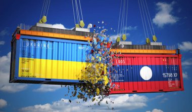 Ukrayna ve Laos bayraklı kargo konteynerleri - 3 boyutlu illüstrasyon