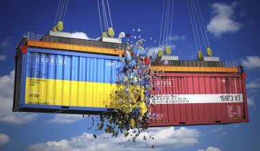 Ukrayna ve Letonya bayraklı kargo konteynerleri - 3 boyutlu illüstrasyon