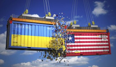 Ukrayna ve Liberya bayraklı kargo konteynerleri - 3 boyutlu illüstrasyon