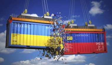 Ukrayna ve Lihtenştayn bayraklı kargo konteynerleri - 3 boyutlu illüstrasyon