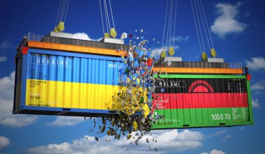 Ukrayna ve Malawi bayraklı kargo konteynerleri - 3 boyutlu illüstrasyon