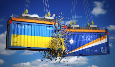 Ukrayna ve Marshall Adaları bayraklı kargo konteynerleri - 3 boyutlu illüstrasyon