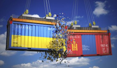 Ukrayna ve Moğolistan bayraklı kargo konteynerleri - 3 boyutlu illüstrasyon