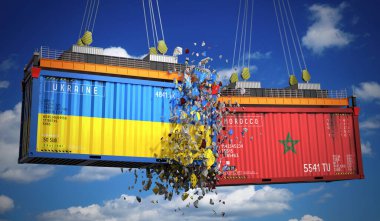 Ukrayna ve Fas bayraklı kargo konteynerleri - 3 boyutlu illüstrasyon