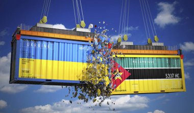 Ukrayna ve Mozambik bayraklı kargo konteynerleri - 3 boyutlu illüstrasyon