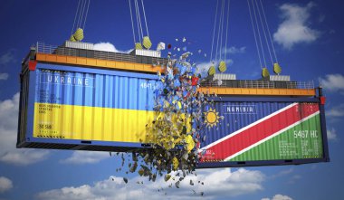 Ukrayna ve Namibya bayraklı kargo konteynerleri - 3 boyutlu illüstrasyon