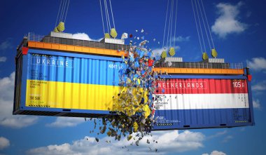 Ukrayna ve Hollanda bayraklı kargo konteynerleri - 3 boyutlu illüstrasyon