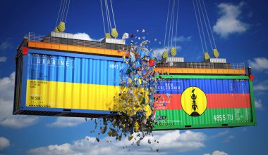 Ukrayna ve Yeni Kaledonya bayraklı kargo konteynerleri - 3 boyutlu illüstrasyon