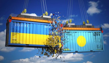 Ukrayna ve Palau bayraklı kargo konteynerleri - 3 boyutlu illüstrasyon