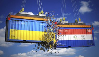 Ukrayna ve Paraguay bayraklı kargo konteynerleri - 3 boyutlu illüstrasyon