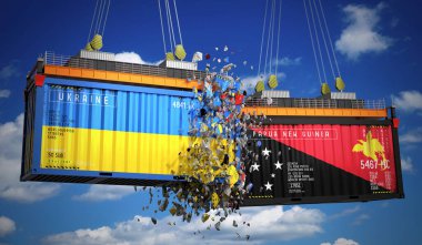 Ukrayna ve Papua Yeni Gine bayraklı kargo konteynerleri - 3 boyutlu illüstrasyon