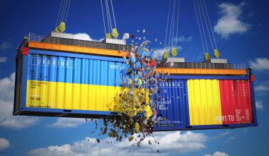 Ukrayna ve Romanya bayraklı kargo konteynerleri - 3D illüstrasyon