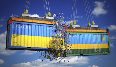 Ukrayna ve Ruanda bayraklı kargo konteynerleri - 3 boyutlu illüstrasyon