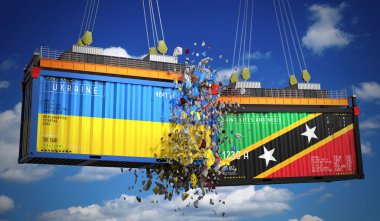 Ukrayna, Saint Kitts ve Nevis bayraklarıyla dolu kargo konteynerleri - 3 boyutlu illüstrasyon