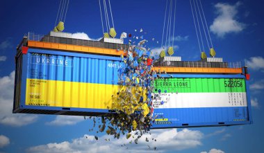 Ukrayna ve Sierra Leone bayraklı kargo konteynerleri - 3 boyutlu illüstrasyon