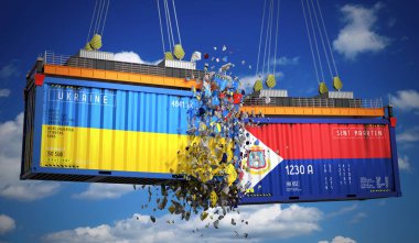 Ukrayna ve Sint Maarten bayraklı kargo konteynerleri - 3 boyutlu illüstrasyon