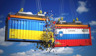 Ukrayna ve Slovenya bayraklı kargo konteynerleri - 3 boyutlu illüstrasyon