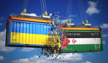 Ukrayna ve Batı Sahra bayraklı kargo konteynerleri - 3 boyutlu illüstrasyon