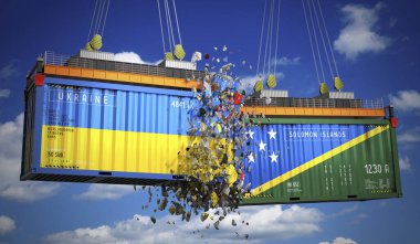 Ukrayna ve Solomon Adaları bayraklı kargo konteynerleri - 3 boyutlu illüstrasyon