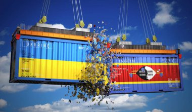 Ukrayna ve Eswatini bayraklı kargo konteynerleri - 3 boyutlu illüstrasyon