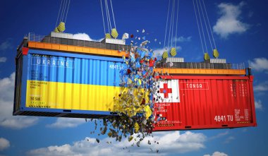 Ukrayna ve Tonga bayraklı kargo konteynerleri - 3 boyutlu illüstrasyon