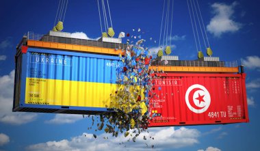 Ukrayna ve Tunus bayraklı kargo konteynerleri - 3 boyutlu illüstrasyon
