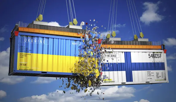 Ukrayna ve Finlandiya bayraklı kargo konteynerleri - 3D illüstrasyon