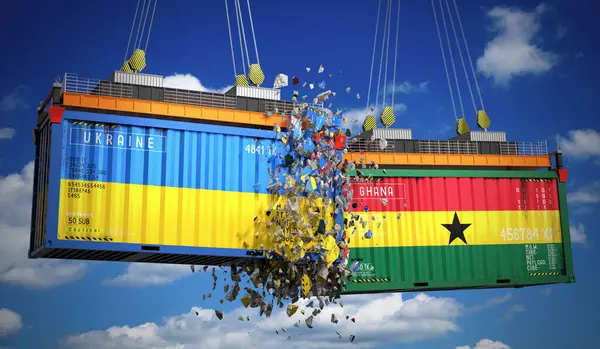 Ukrayna ve Gana bayraklı kargo konteynerleri - 3 boyutlu illüstrasyon