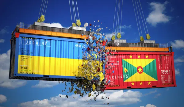 Ukrayna ve Grenada bayraklı kargo konteynerleri - 3 boyutlu illüstrasyon