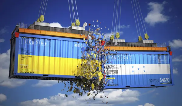 Ukrayna ve Honduras bayraklı kargo konteynerleri - 3 boyutlu illüstrasyon