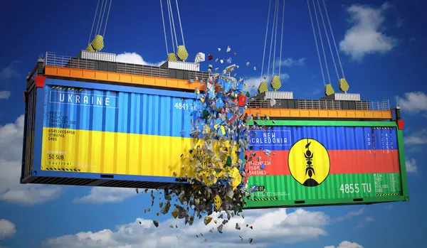 Ukrayna ve Yeni Kaledonya bayraklı kargo konteynerleri - 3 boyutlu illüstrasyon