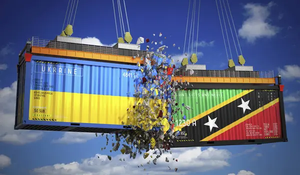 Ukrayna, Saint Kitts ve Nevis bayraklarıyla dolu kargo konteynerleri - 3 boyutlu illüstrasyon