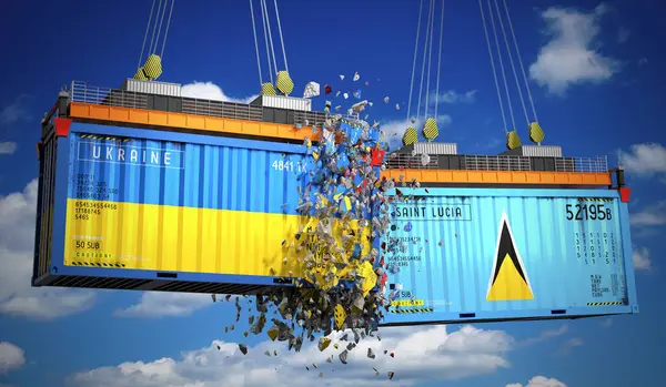 Ukrayna ve Saint Lucia bayraklı kargo konteynerleri - 3 boyutlu illüstrasyon