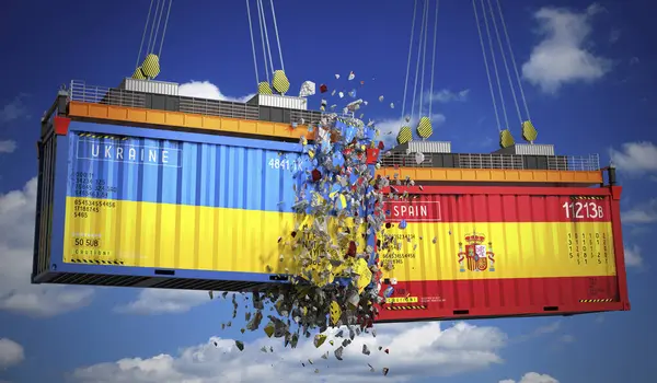 Ukrayna ve İspanya bayraklı kargo konteynerleri - 3 boyutlu illüstrasyon