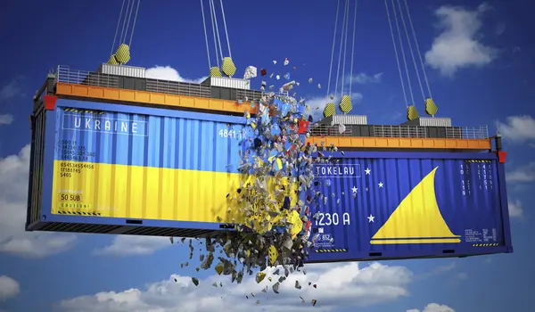 Ukrayna ve Tokelau bayraklı kargo konteynerleri - 3 boyutlu illüstrasyon