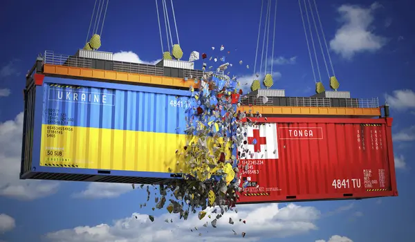 Ukrayna ve Tonga bayraklı kargo konteynerleri - 3 boyutlu illüstrasyon