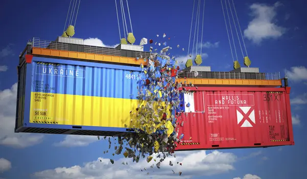 Ukrayna, Wallis ve Futuna bayraklı kargo konteynerleri - 3 boyutlu illüstrasyon