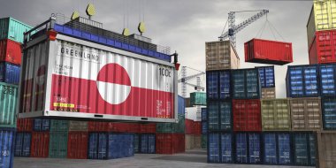 Grönland bayrağı taşıyan kargo konteynırı nakliye terminalinde vinçle kaldırıldı - 3 boyutlu illüstrasyon